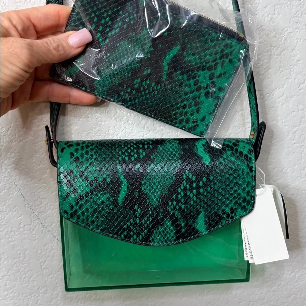 Banana Republic Green Snake-Print Clear Crossbody with Wallet NWT